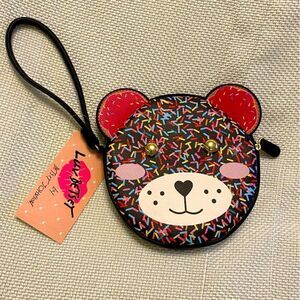 NWT Betsy Johnson teddy bear zip coin purse wristlet cupcake sprinkles cute